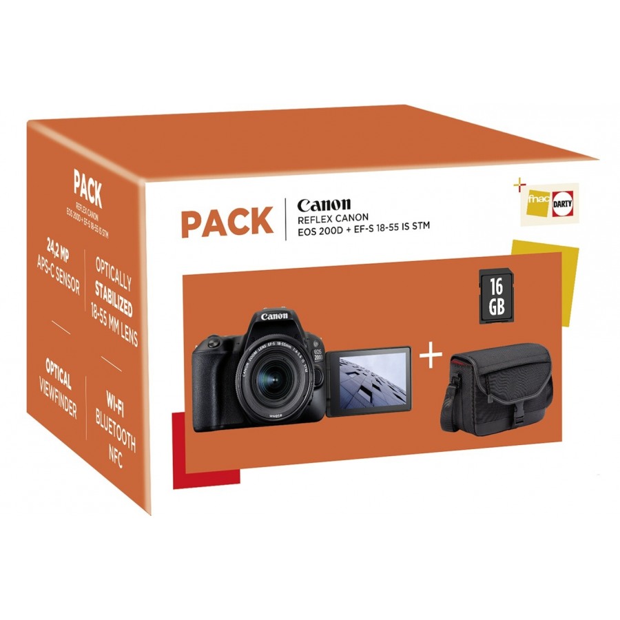 Canon PACK EOS 200D NOIR + EF-S 18-55 MM F/4-5,6 IS STM + Housse + Carte SD 16 Go n°1