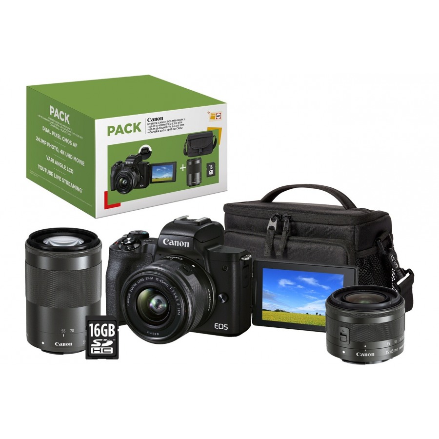 Canon Pack EOS M50 Mark II Noir + EF-M 15-45 mm f/3.5-6.3 IS STM + EF-M 55-200 mm f/4.5-6.3 IS STM Noir + Etui + Carte SD 16 Go n°1