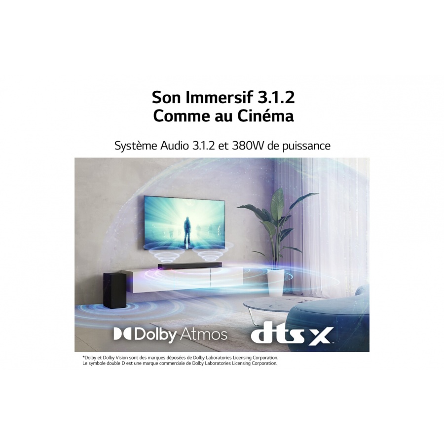 Lg Barre de son LG S75Q  Systeme 3.1.2  Caisson de basses sans fil  380W  Dolby Atmos & DTS:X  Signature sonore Meridian  Hi-Res n°9