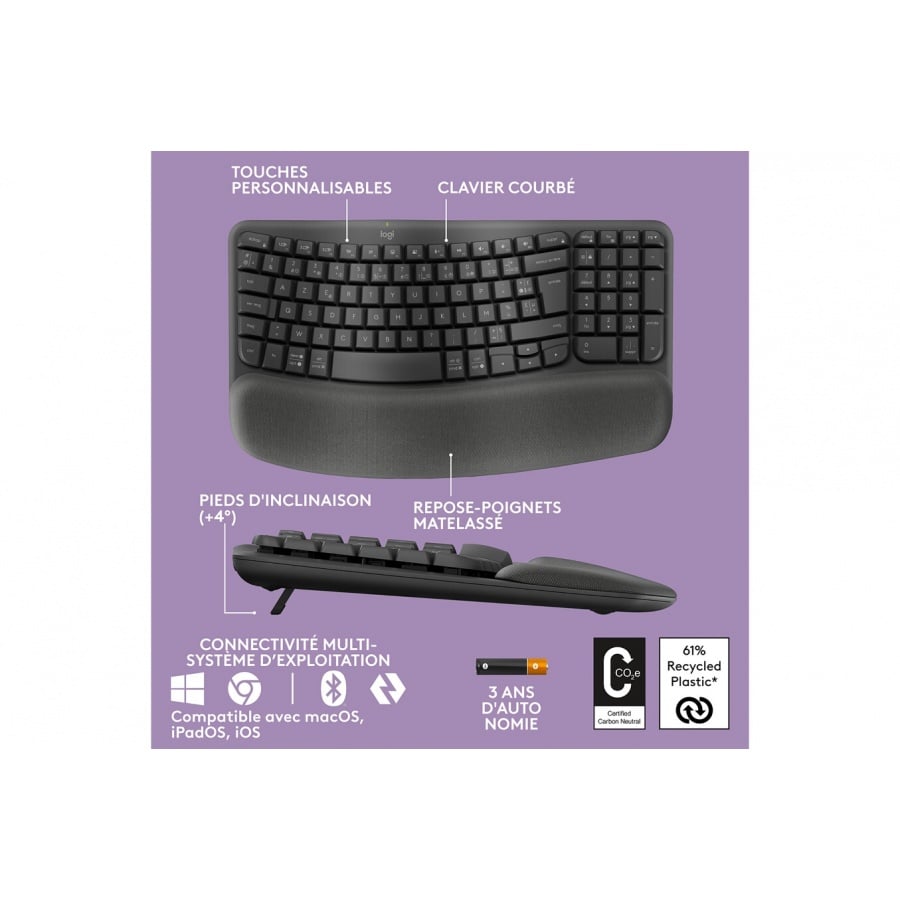 Logitech Wave Keys clavier ergonomique sans fil, repose-poignets rembourre, frappe naturelle et confortable, Easy-Switch, Bluetooth, recepteur Logi Bolt, multi-SE, Windows/Mac n°6