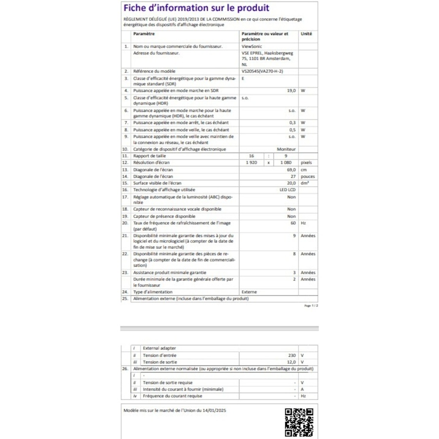 Viewsonic VA270-H-2 Full HD 100 Hz 27 pouces temps de reponse 1 ms - VGA HDMI n°3
