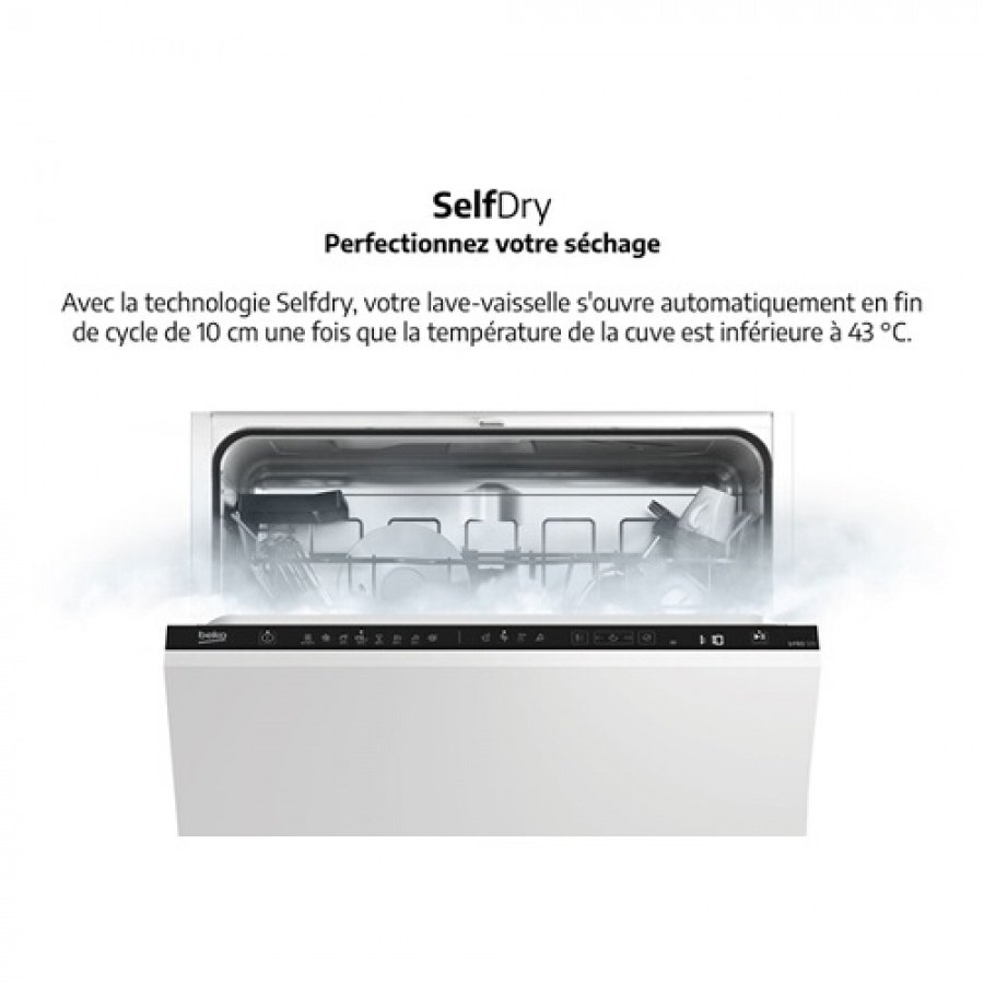Beko Lave-vaisselle  Full-integrated  60 cm 14 couverts   41 dB  8 programmes  Panier superieur Reglable Sur 3 positions. meme charge  Depart differe : 30 min - 24 h  Poids de porte supporte (kg) : 3.0 - 9.0  Charnieres renforcees SelFit n°6