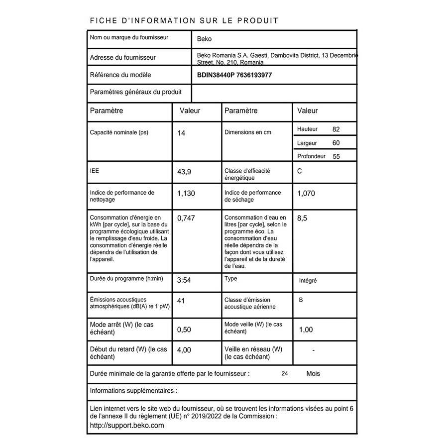 Beko Lave-vaisselle  Full-integrated  60 cm 14 couverts   41 dB  8 programmes  Panier superieur Reglable Sur 3 positions. meme charge  Depart differe : 30 min - 24 h  Poids de porte supporte (kg) : 3.0 - 9.0  Charnieres renforcees SelFit n°10