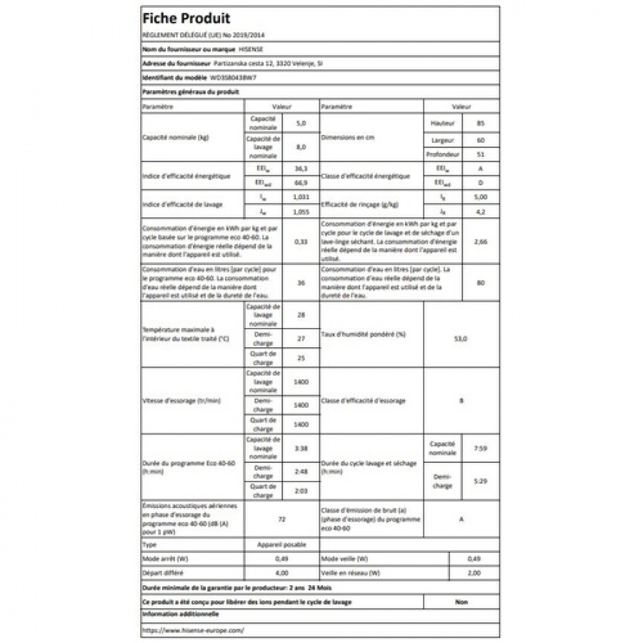 Hisense WD3S8043BW7 Blanc n°10